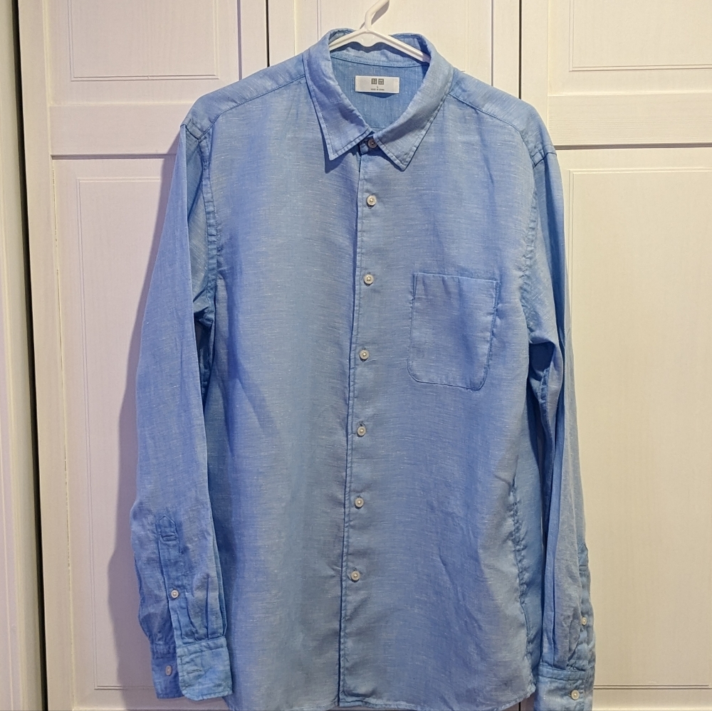Uniqlo Large Men's Long Sleeve Blue Linen Shirt button up L